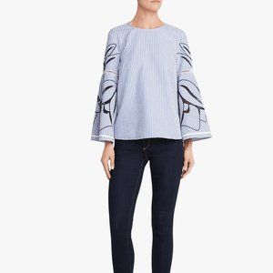 Tanya Taylor Martine Blue & White Striped Bell Sleeve Blouse with Floral Cutouts